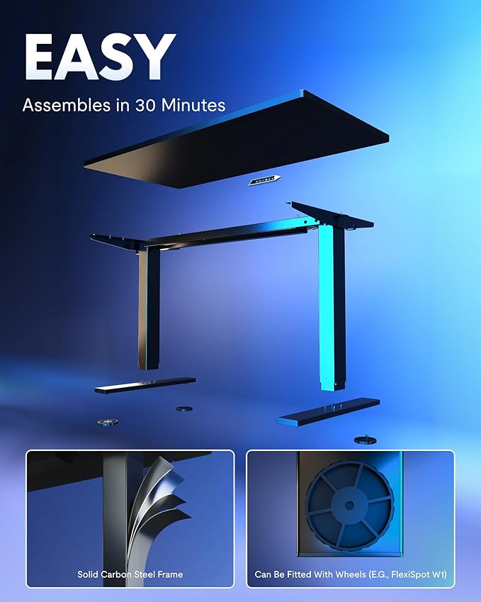 FLEXISPOT EN1 One-Piece Standing Desk with 1-Inch Thick Desktop, 48"x30" Electric Height Adjustable Desk for Home Office & Multi-Device Workstations, Black