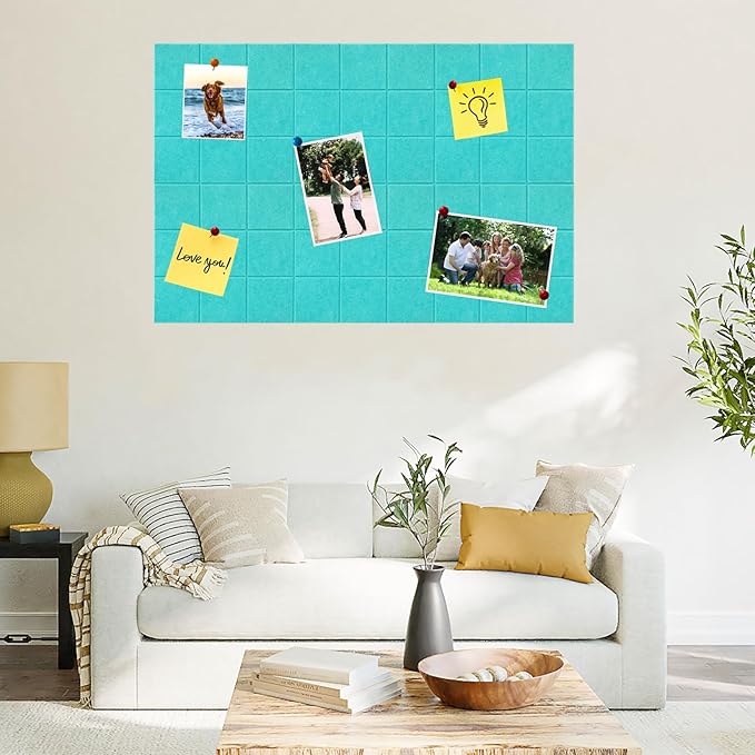Large Square Felt Cork Board Tiles, Self Adhesive DIY Felt Bulletin Board Pin Board with 35 Pushpins for Office School Home Wall Decor Stickers Memos Photos Display (Teal)