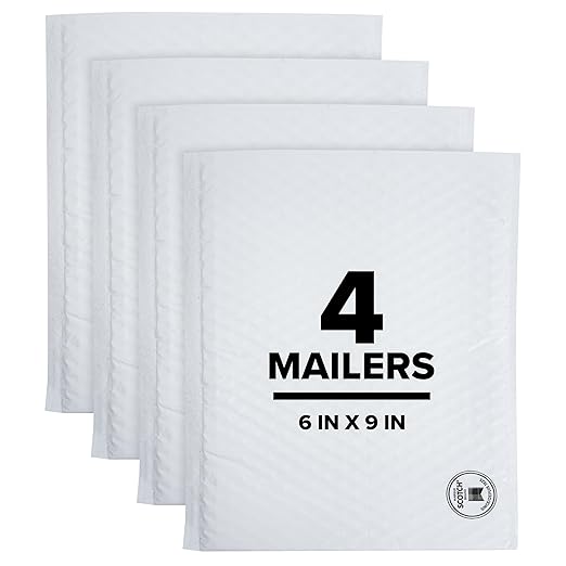 Scotch Poly Bubble Mailer, White, Extra Small Size 0 Inside Dimensions 6 IN x 9 IN, made with 50% recycled plastic 4pk