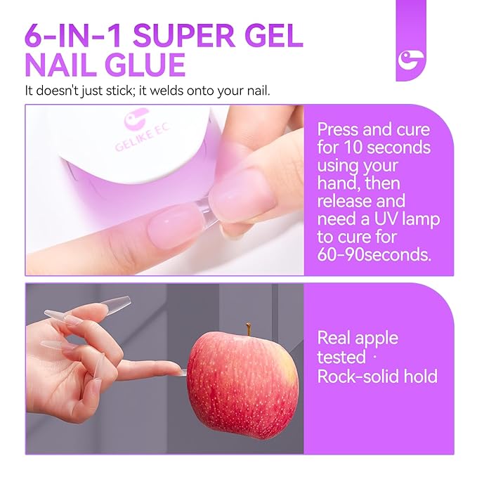 Gelike EC UV Gel Nail Glue for Press On Nails: 6 in 1 Strong UV Nail Glue for Nail Tips and Acrylic Fake Nail - Long Lasting 28 Days Quick Dry - Beginner Friendly DIY for Home Salon