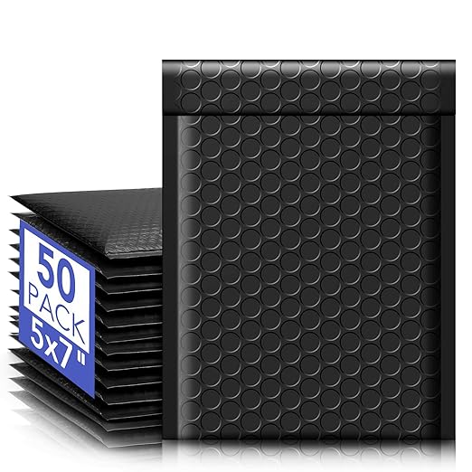 Fuxury Bubble Mailers 5x8.6" 50 Pack Black Waterproof Padded Envelopes Usable Size 5x7" Self Seal Bubble Envelopes Padded Mailers Shipping Bags for Mailing Jewelry Makeup Small Business