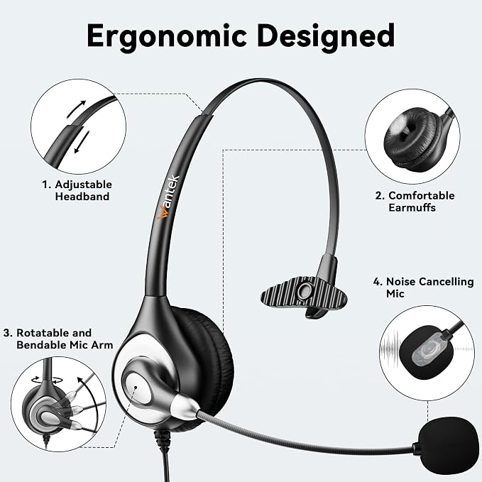 Wantek USB Headset with Microphone for PC, Computer Headset with Noise Canceling Microphone with Mute for Home Office Online Skype Zoom Meetings