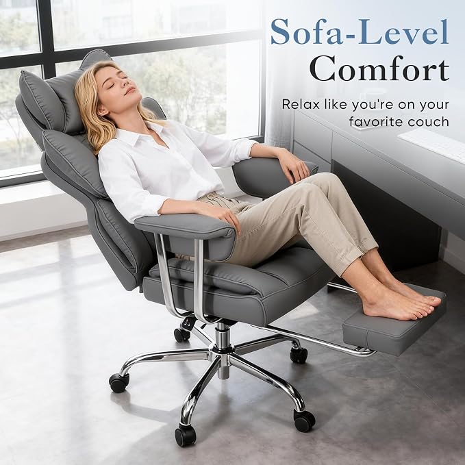 DUMOS Big and Tall Home Office Desk Chair, Executive Chair with Footrest | Scratch-Resistant PU Leather, Ergonomic Reclining, Pocket Spring Support, 400 LBS Weight Capacity, Grey