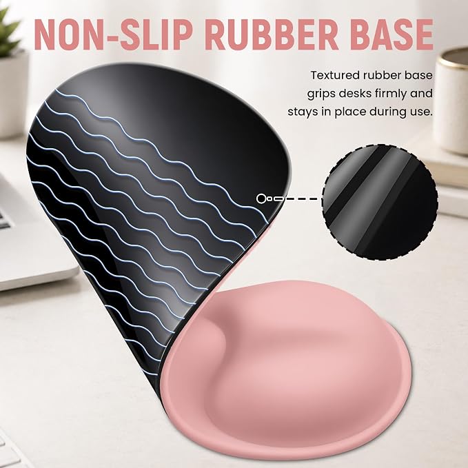 Ergonomic Mouse Pad with Wrist Rest, Gel Wrist Support, Pink | 10.2 x 7.6 in Mouse Pad with Smooth Fabric Surface and Non-Slip Rubber Base for Office, Home, Study, and Gaming