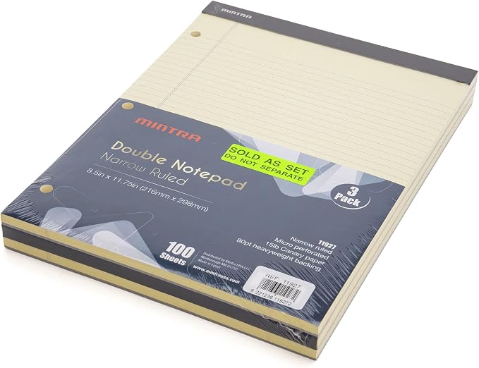 Mintra Office Canary Legal Pads - With Micro-perforated sheets, Smooth-lined paper, Ideal for Office Tasks, Assignments or Notes, Meetings, and Journaling, 3 pack Narrow Ruled, Double Pad, 8.5"x11"
