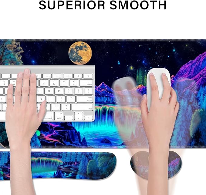 Desk Pad and Keyboard Wrist Rest, Large Mouse Pad + Keyboard Pad+Mouse Wrist Support, Non-Slip Desk Mat Protector for Office, Home 31.5×11.8 Inches Waterfall