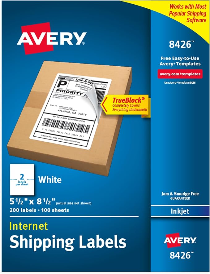 Avery® Printable Shipping Labels, 5.5" x 8.5" Customizable Stickers, White, 200 Blank Mailing Labels, Great for Mailing, Shipping, Organizing, and More (8426)