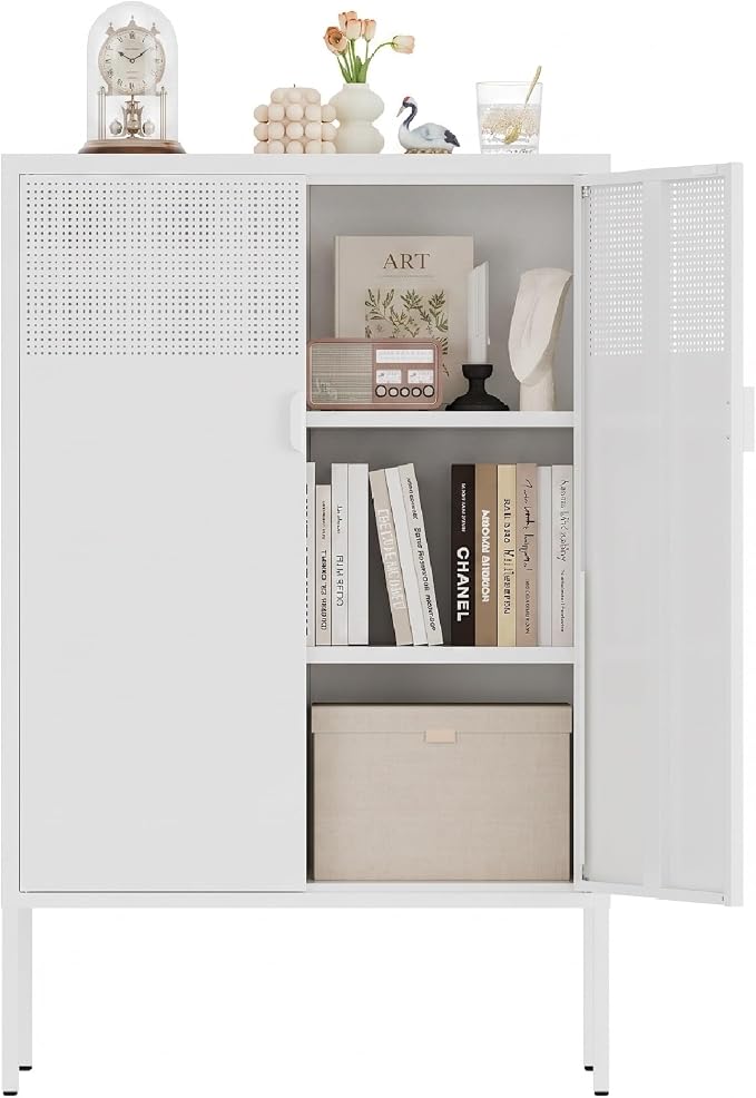 Metal Storage Cabinet,2 Door TV Stand, Metal Mesh Accent Cabinet | Magnetic Door Closure,Low Storage Cabinets with Doors and Shelf for Home,Office,Living Room