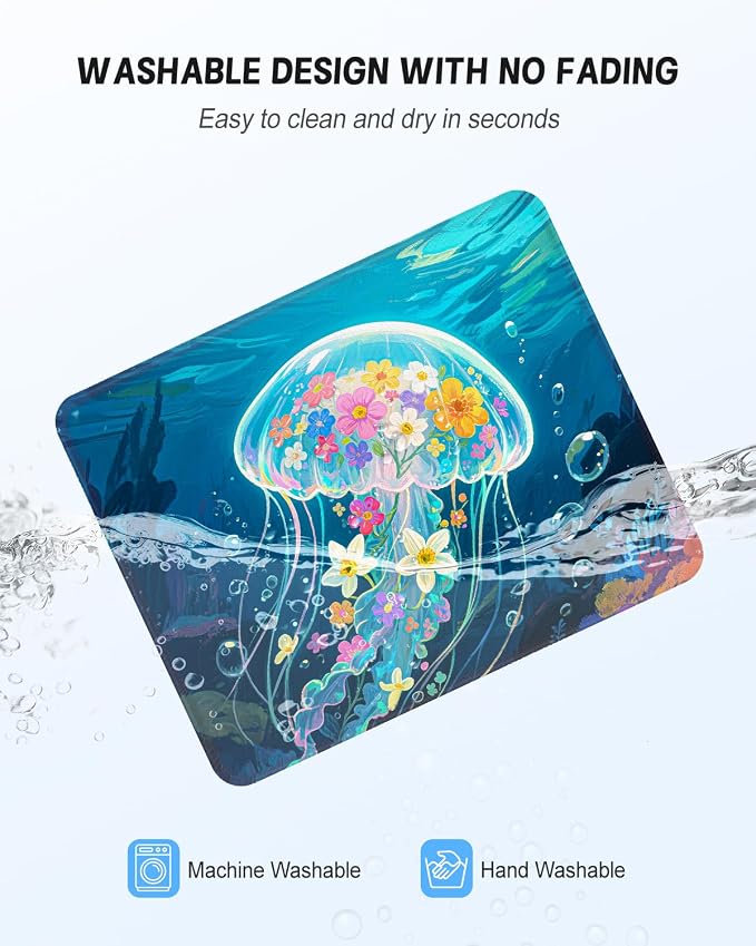 Mouse Pad, Cute Mouse Mat, 10" x 8", Colorful Jellyfish | Square Waterproof Gaming Computer Mat, Textured Top, Stitched Edges, Non-Slip Rubber Base for Office Home Laptop Keyboard