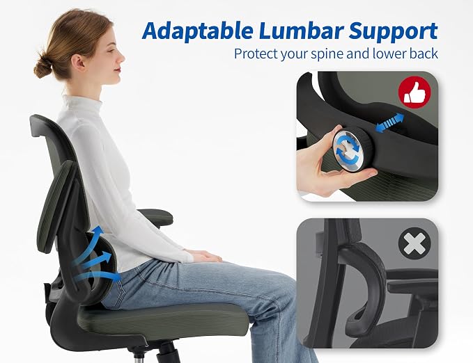 TRALT Ergonomic Office Chair Desk Chair with Adjustable Lumbar Support | Desk Chair Comfy with Flip-up Armrests Ergonomic Chair - Mesh Computer Chairs for Adults, 330lbs, PU Leather (Dark Green, 1)
