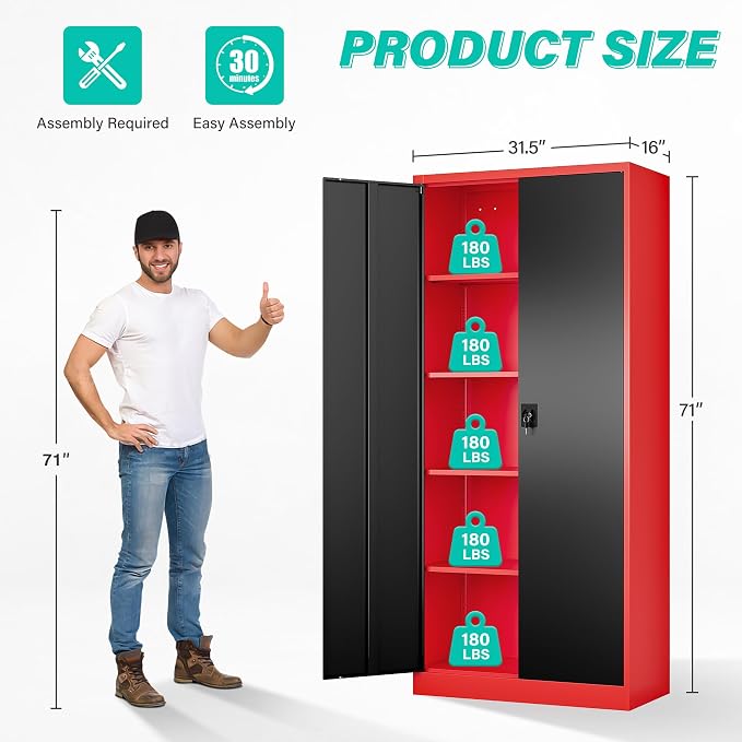 Red Metal Storage Cabinet with Locking Doors and Shelves,Garage Storage Cabinet with Lock,Steel Locker,Lockable Cabinets for Home,Office,Shop,Garage Cabinets