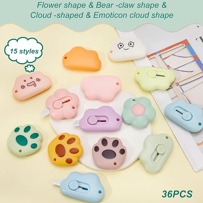 Jspupifip 36 Pcs Mini Retractable Box Cutter, Art Utility Knives Portable | Bear Claw Mini Flower Cloud Shaped Plastic Small Letter Opener Slide Open for Envelopes Cutting DIY Crafts Multi-color