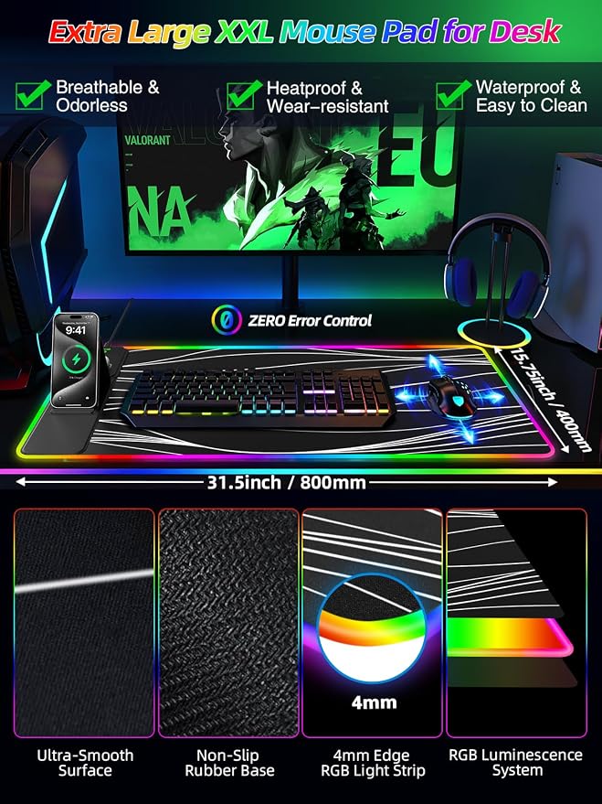 Mouse Pad with Foldable Phone Holder & Wireless Charger, XXL RGB Gaming Mousepad 31.5"x15.8" Large Desk Mat for Keyboard, Black Desk Pad with Dual Qi Charging Station | 11 Colors 5 Modes
