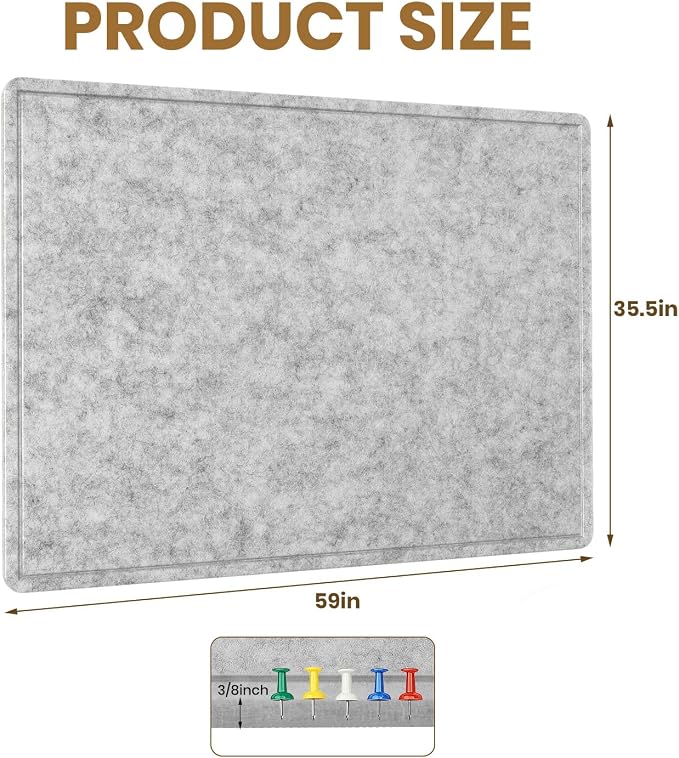 Large Bulletin Board 60" x 36" Felt Cork Board,Decor Pin Board, Silver Gray | Cork Board Alternative for Wall, Foldable Self-Adhesive Vision Board Prayer Board with Pushpins for Home Office Classroom