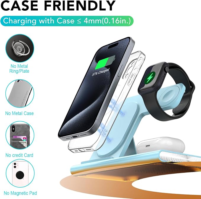 3 in 1 Foldable Wireless Fast Charging Station for Apple Multiple Devices | iPhone Charging Station for iPhone 17, Travel iWatch Charger Stand, Light Nightstand Charging Dock for Apple Watch/Airpods