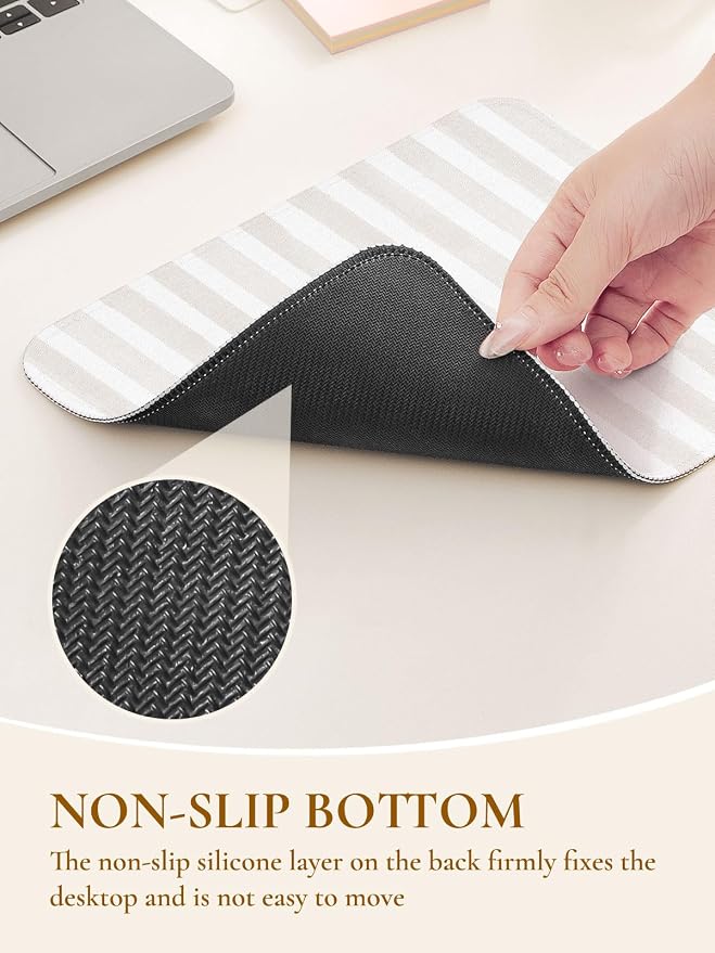 Square Cute Striped Mouse Pad with Stitched Edge, Premium Waterproof Cloth Aesthetic Small Mouse Mat, Non-Slip Rubber Base Simple Funny Mousepad Desk Accessories,Beige and White