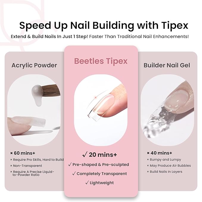 Beetles Tipex Instant Apex Nail Tips, Short Square, 16 Sizes |00–14, 192pcs, Built-In Apex, No Builder Gel Required, Thicker Strong Acrylic Tips for DIY Nail Extensions