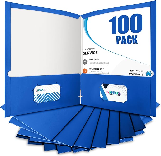 BIBRADAA® 100 Packs Blue Paper Folders with Pockets,2 Pocket Folders Bulk Surface Waterproofing,Letter Size,Holds 100 Plus Sheets,for School,Office,Business. (100, Dark Blue)