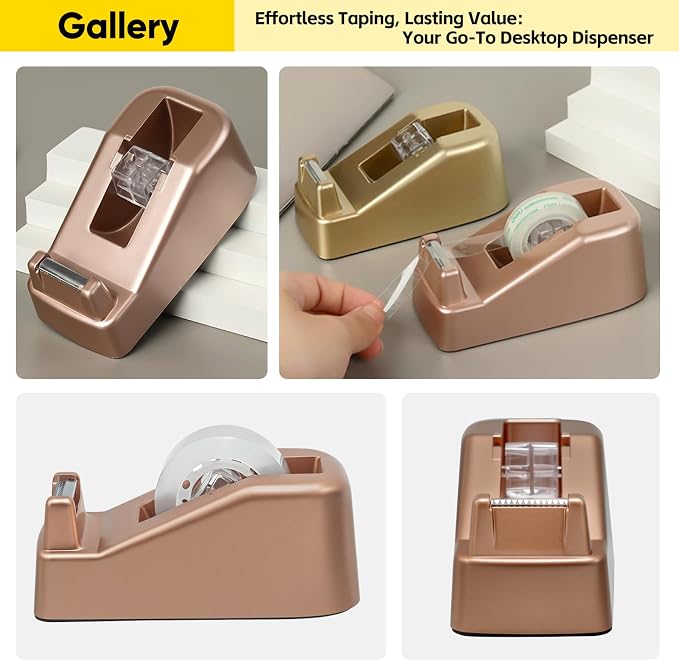 Aesthetic Metallic Finish Office Tape Dispenser, Fits 1" Core, Rose Gold | Standard 1-Inch Clear Tape Roll Holder, Elegant Stylish, Rubber Base, Smooth Cut Serrated Blade, Home Desktop Supplies Decor