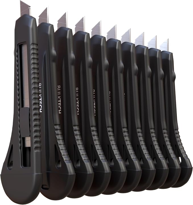 Bulk Utility Knives, Retractable Box Cutter for Cartons, Cardboard and Boxes, 18mm Wider Razor Sharp Blade, Smooth Mechanism, Perfect for Office and Home Use, 10 Pack, Black Color