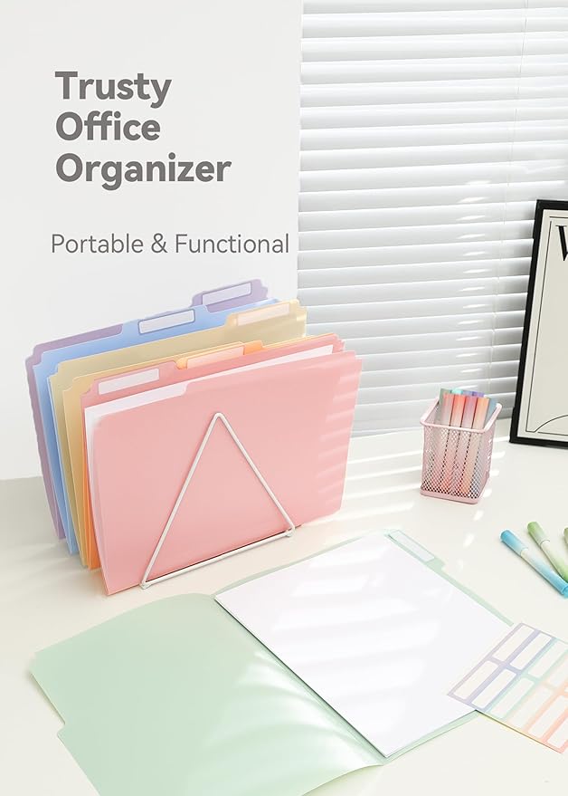Plastic Manila Folders 8.5 x 11, 12 Pack, Poly Pastel File Folders, 1/3-Cut Tabs with Colorful Labels, Letter Size