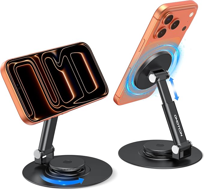 OMOTON MS05 [Height Adjustable] 360° Rotating Magnetic Phone Stand, Black | Foldable Cell Phone Stand for Desk, Office Desk Accessories Gift for iPhone 17/16/15 Pro Max Air for PC Gaming Women Men