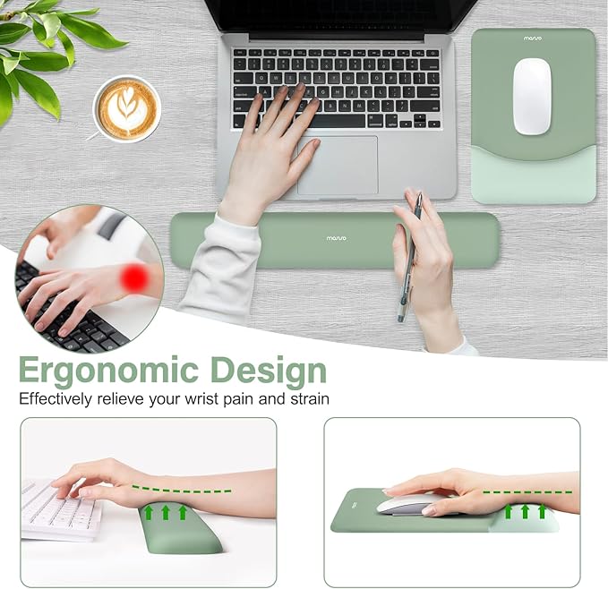 MOSISO Keyboard Wrist Rest & Mouse Pad with Wrist Rest, Green | Rectangular Ergonomic Mousepad, Non-Slip Base, Home/Office Pain Relief & Easy Typing, Neoprene Cloth & Raised Silicone Lining