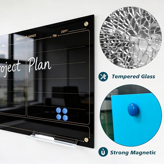 Glass Whiteboard 24"X36" Weekly Calendar Blackboard Magnetic Planner WritingBoard Dry Erase Board Frameless White Board for Office School Home Tray, 3 Marker,4 Magnets and 1 Eraser