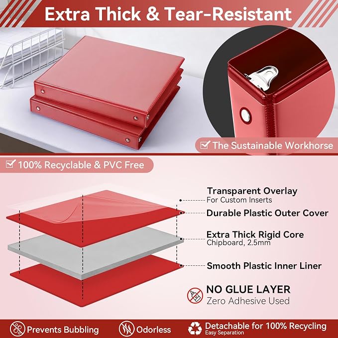 SUIN 1 Inch 3 Ring Binder, Clear 1'' View Presentation Binders with 2 Pockets, Fits 8.5 x 11 Letter Size, Durable Polypropylene, Non-Stick & PVC-Free for School, Office & Home (Red)