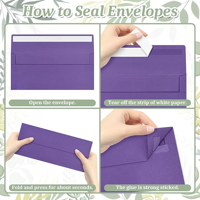 200 Purple #10 Business Envelopes, Self Seal Standard Envelopes, Windowless Business Mailing Envelopes for Office, Checks, Letters, Invoices, Statements, Wedding, 4-1/8 x 9-1/2 inch