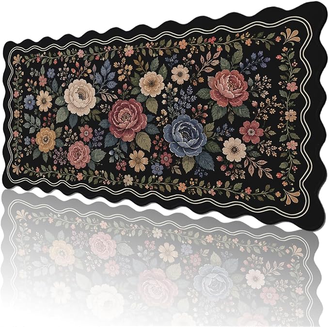 Vintage Floral Scalloped Desk Mat Colorful Sage Orange Blue Flowers Mousepad XL Large Gaming Mouse Pad Laptop Keyboard Mat Desk Pad Office Home Decor for Women Girl 31.5"x15.7"