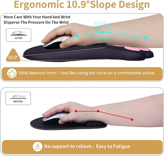 L-SPOUTTO Ergonomic Mouse Pad with Wrist Rest,Black Mouse Pad Wrist Support | Cute Cat Paw Comfortable Massage Design,Computer Pain Relief Mousepad with Non-Slip PU Base for Desk Laptop Gaming