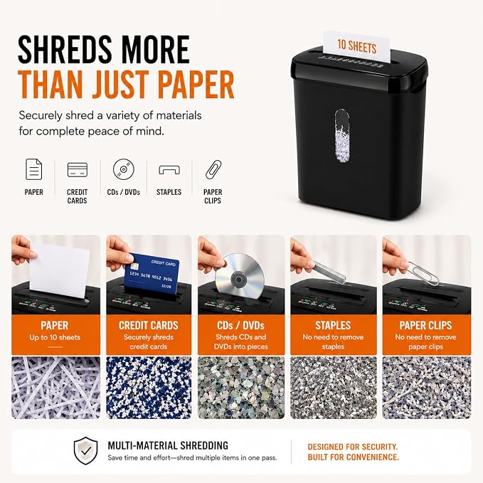 10-Sheet Strip Cut Paper Shredder with Jam Proof System, P-2 Security Level, 5-Minute Continuous Operation, 3.17 Gallon Capacity, Black