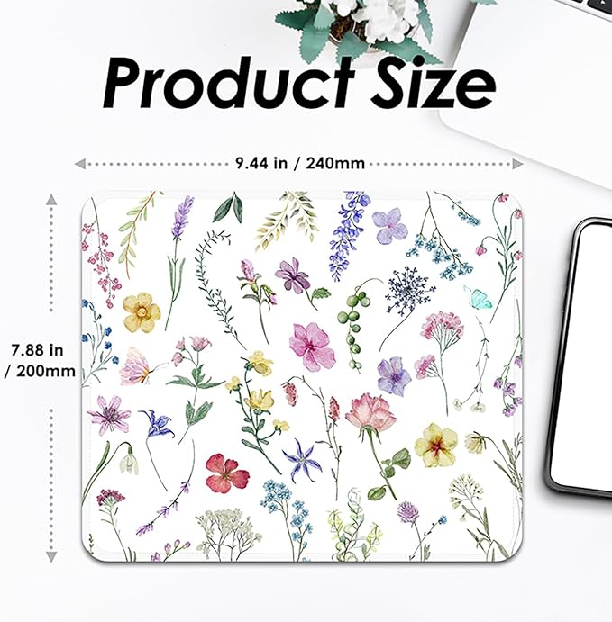 Mouse Pad with Stitched Edges - Watercolor Floral Mousepad for Women, 9.25 x 7.75 inch Washable Square Desk Pad, Non-Slip Rubber Base, Office Home Laptop Accessories - Watercolor Wildflowers