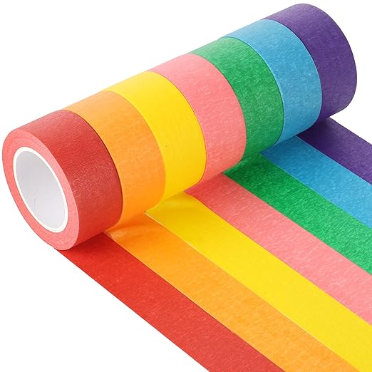 Colored Masking Tape 1 Inch, 7 Rolls, Colorful Tape for Crafts. | 7 colored tape rolls, 14.2 yd each, writable and removable, easy to tear by hand, in a clear hanging case.