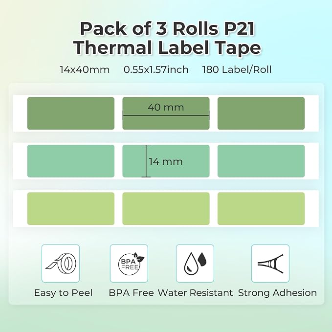 NELKO Genuine P21 Label Maker Tape, 14x40mm-3-Roll, Green Series | Easy to Peel, BPA-Free, Strong Adhesion, Water-Resistant & Oil-Proof, Great for School, Office, Home, Kitchen, Black on White
