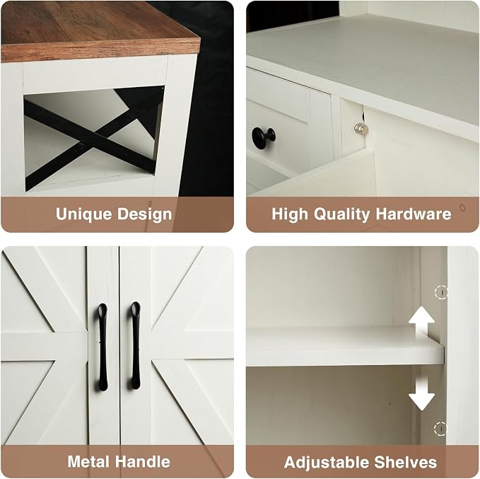 Farmhouse Storage Cabinet with Drawers, Small Kitchen Pantry Cabinet, White | Accent Coffee Bar Cabinet Cupboard, 2 Drawers, 2 Barn Doors & Adjustable Shelves, for Kitchen/Entryway/Living Room/Bathroom