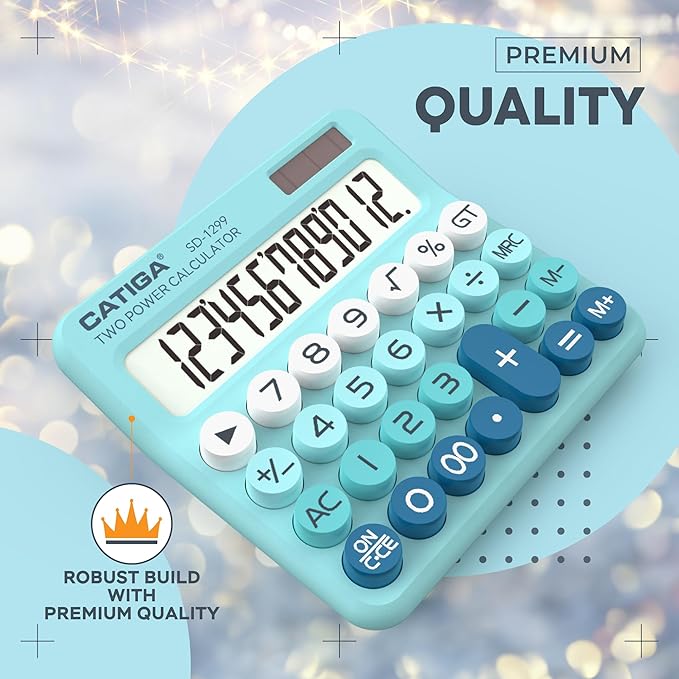 CATIGA Mechanical Switch Calculator with Solar and Battery Dual Power, 12-Digit Large LCD Display, Aesthetic and Cute Desktop Calculator with Big Button, for Home, School and Office Use, SD-1299
