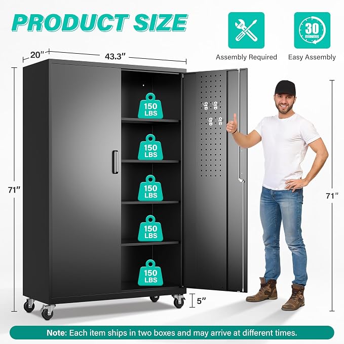 Wide & Deep Metal Storage Cabinet with Wheels,Tall Rolling Garage Storage Cabinet with Lock,Black Metal Cabinets with Shelves and Pegboards,Tool Locker for Garage,Home,Office,43''Wx 20''Dx71"H