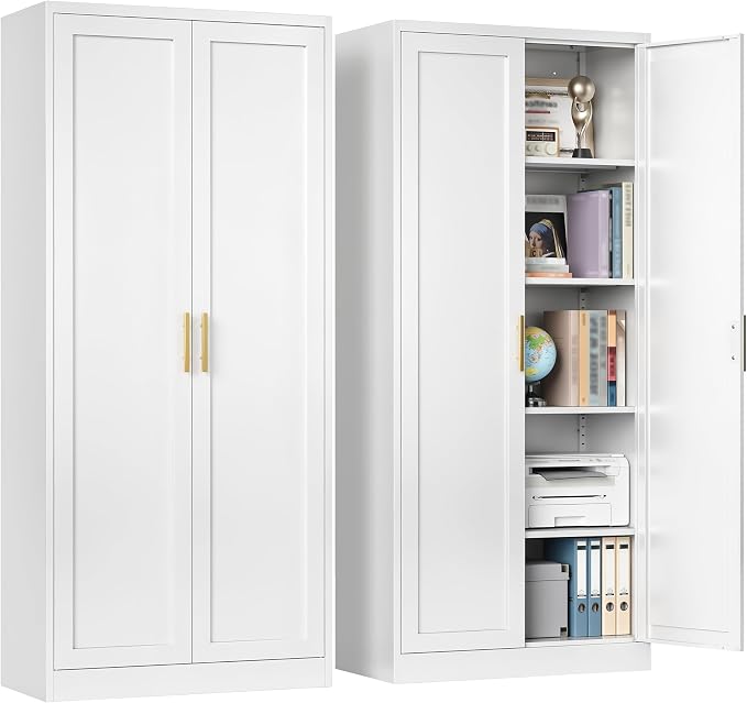 BESFUR 71" Tall White Kitchen Pantry Cabinet, Metal Food Storage Cabinet with 4 Adjustable Shelves, Freestanding Cupboard with Doors for Kitchen, Dining Room, Living Room, Bathroom, Laundry Room