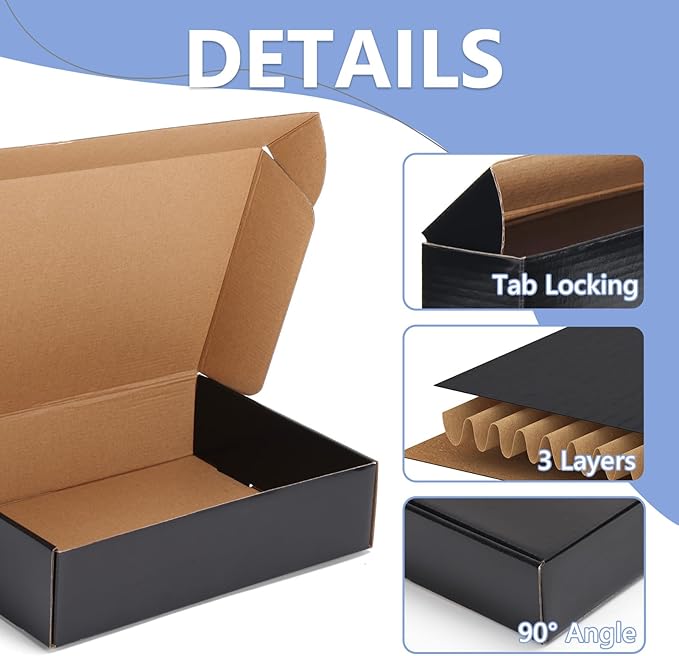 EXYGLO 6 Pack 12x9x3 Shipping Boxes, Black Corrugated Cardboard Boxes for Packaging Small Business, Moving, Shipping, Mailing, and Storing