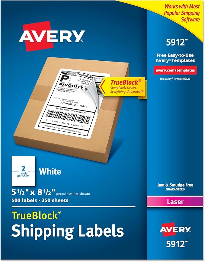 Avery Half-Sheet Printable Shipping Labels, 5.5" x 8.5" Customizable Stickers, White, 500 Blank Mailing Labels, Great for Mailing, Shipping, Organizing, and More (5912)