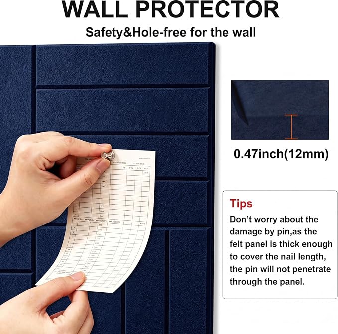 0.47" Thick Felt Wall Tiles 48"x36" Cork Board Alternative 12 Pack 11.81"x11.81"Felt Bulletin Board Pin Board with Removable Adhesive Tape&60 Pushpins for Home Office School(Bold-Dark Blue)