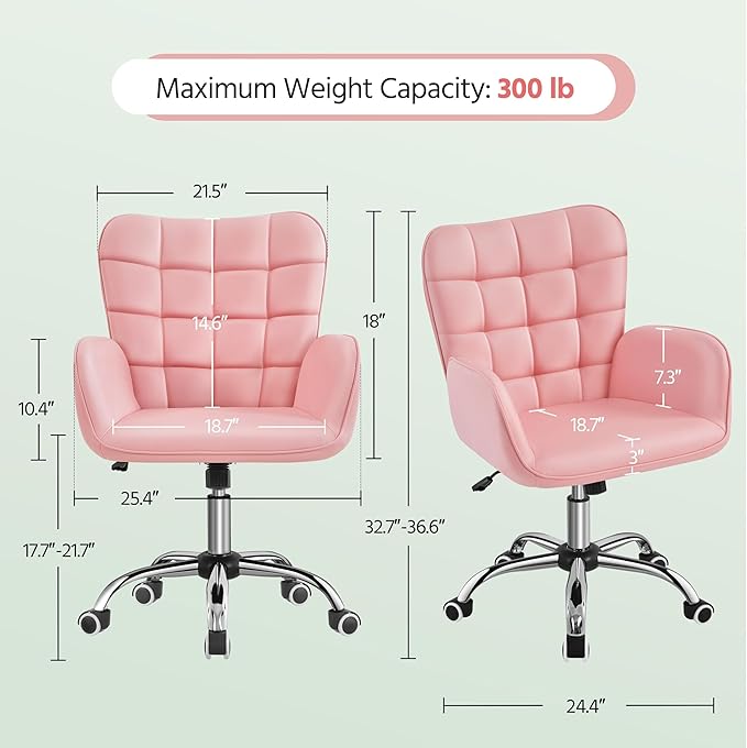 Yaheetech Modern Faux Leather Office Chair Ergonomic Adjustable Vanity Makeup Chair with Padded Armrests Big Seat for Office, Study, Home, Pink