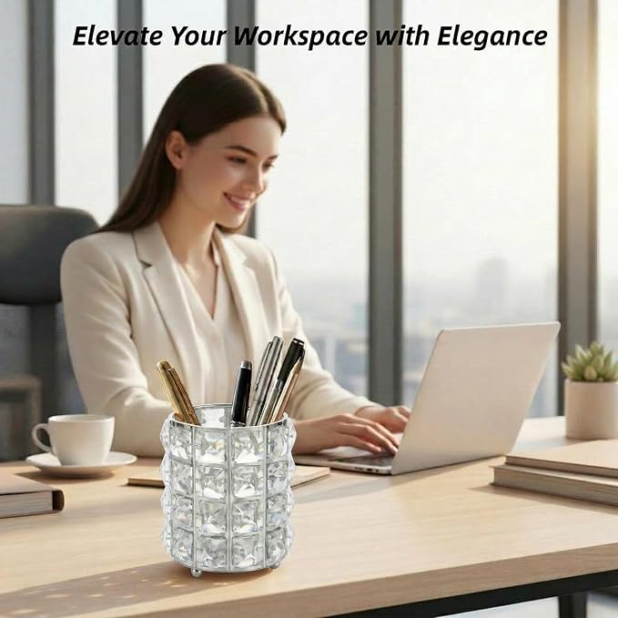 YAGELI Crystal Pen Holder for Desk, 3.58" Gold/Silver Pencil Cup | Crystal & metal base. Holds pens, pencils, makeup brushes, art supply. Easy to clean. Elegant decor for desk, vanity, office