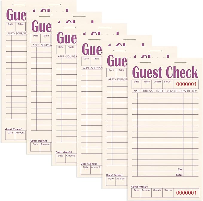 Guest Checks Books for Servers, Server Note Pads, 6 Pack, Natural Color Paper, Waitress Notepad for Restaurants, Waitress Accessories, 300 Sheets, Purple