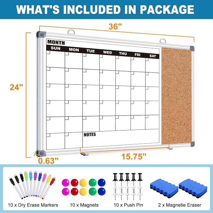Calendar Whiteboard for Wall, 36" x 24" Double Sided Monthly Dry Erase Board Calendar for Office, Home, School, Hanging Cork Board White Board Combo, Portable Magnetic Dry Erase Planner Board