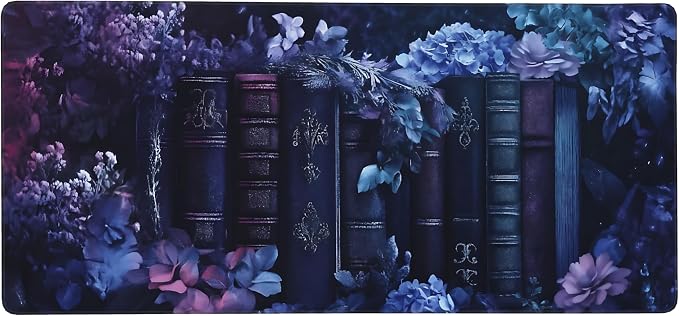 Floral Aesthetic Book Gaming Mouse Pad, Purple Dark Romanticism Desk Mat with Anti-Slip Base & Stitched Edges, Office Supplies & Desk Decor for Women, 35.4" x 15.7" in Home Office Essentials