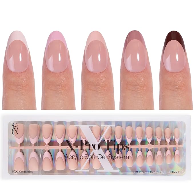 SXC Cosmetics French Tip Press On Nails 150 Pieces in 15 Sizes Ultra Fit with Pre-applied Tip Primer and Base Coat, No Need to File Fake Nails for Nail Art DIY X-Pro Tips (ST114-S Almond)