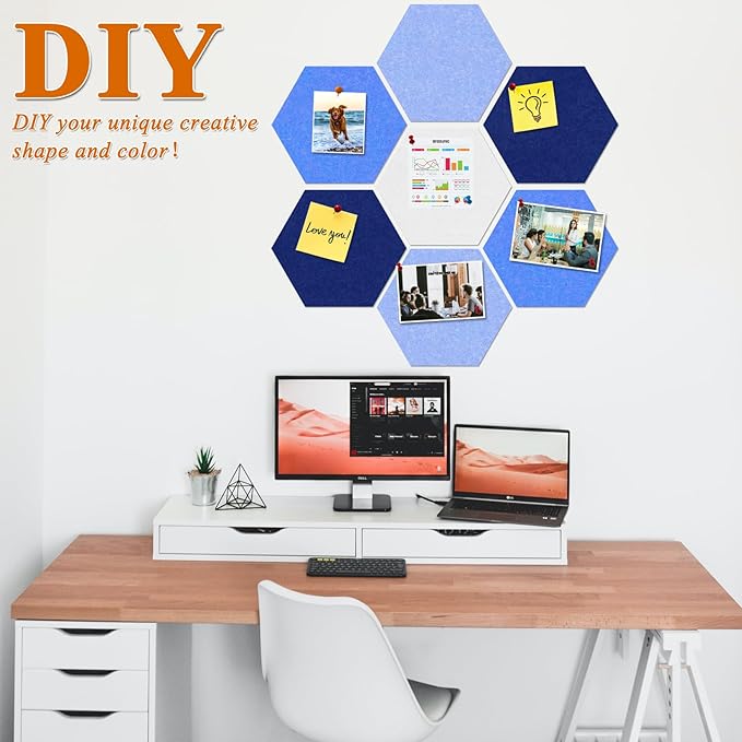Large Hexagon Felt Cork Board Tiles, Self Adhesive DIY Felt Bulletin Board Pin Board with 35 Pushpins for Office School Home Wall Decor Stickers Memos Photos Display(Gradual Blue)